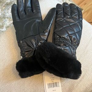 UGG Black Quilted Gloves with Fur Trim